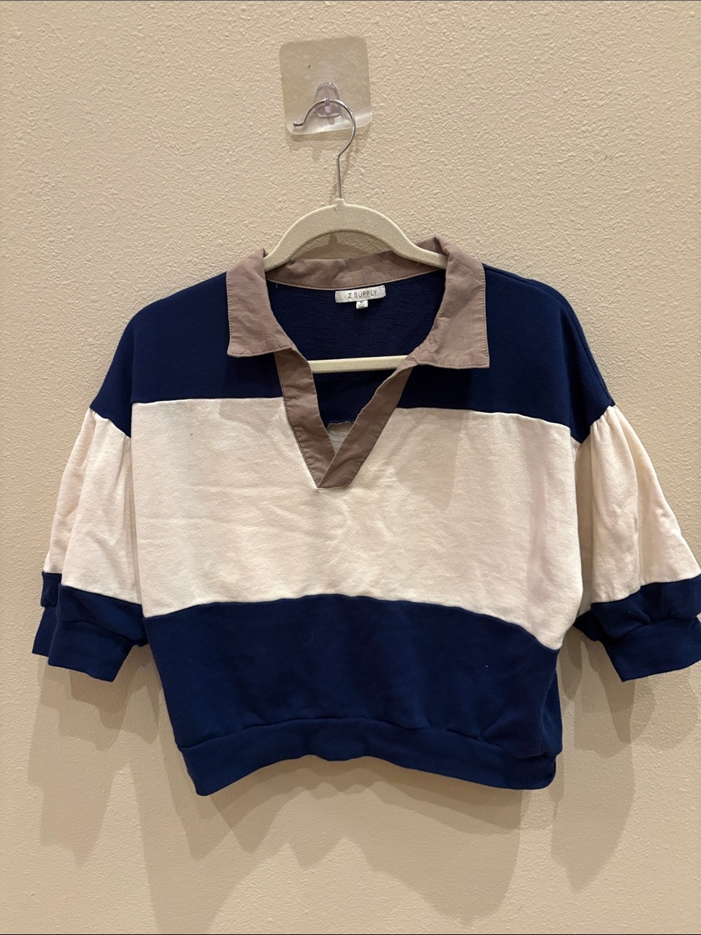Z Supply Navy, White & Tan Striped Cropped Rugby Pullover